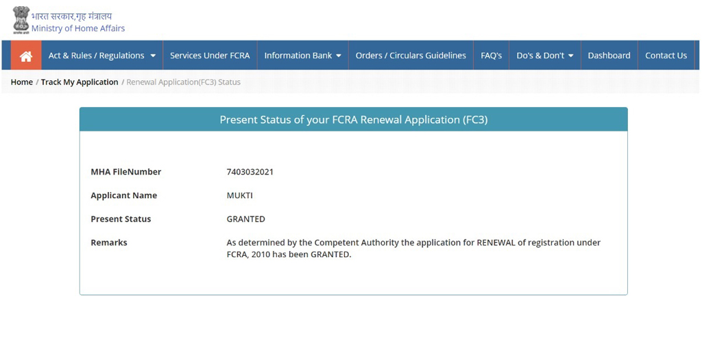 Mukti Receives FCRA Certificate